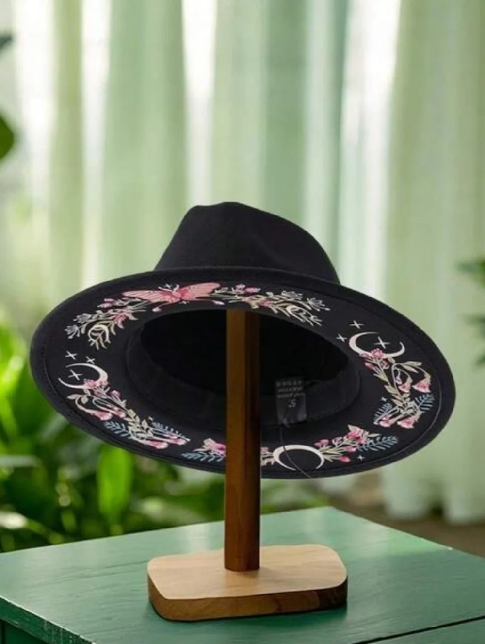 Witchy Black Wide-Brim Fedora with Pink Floral, Butterfly & Moon Embroidery - Picture 6 of 13